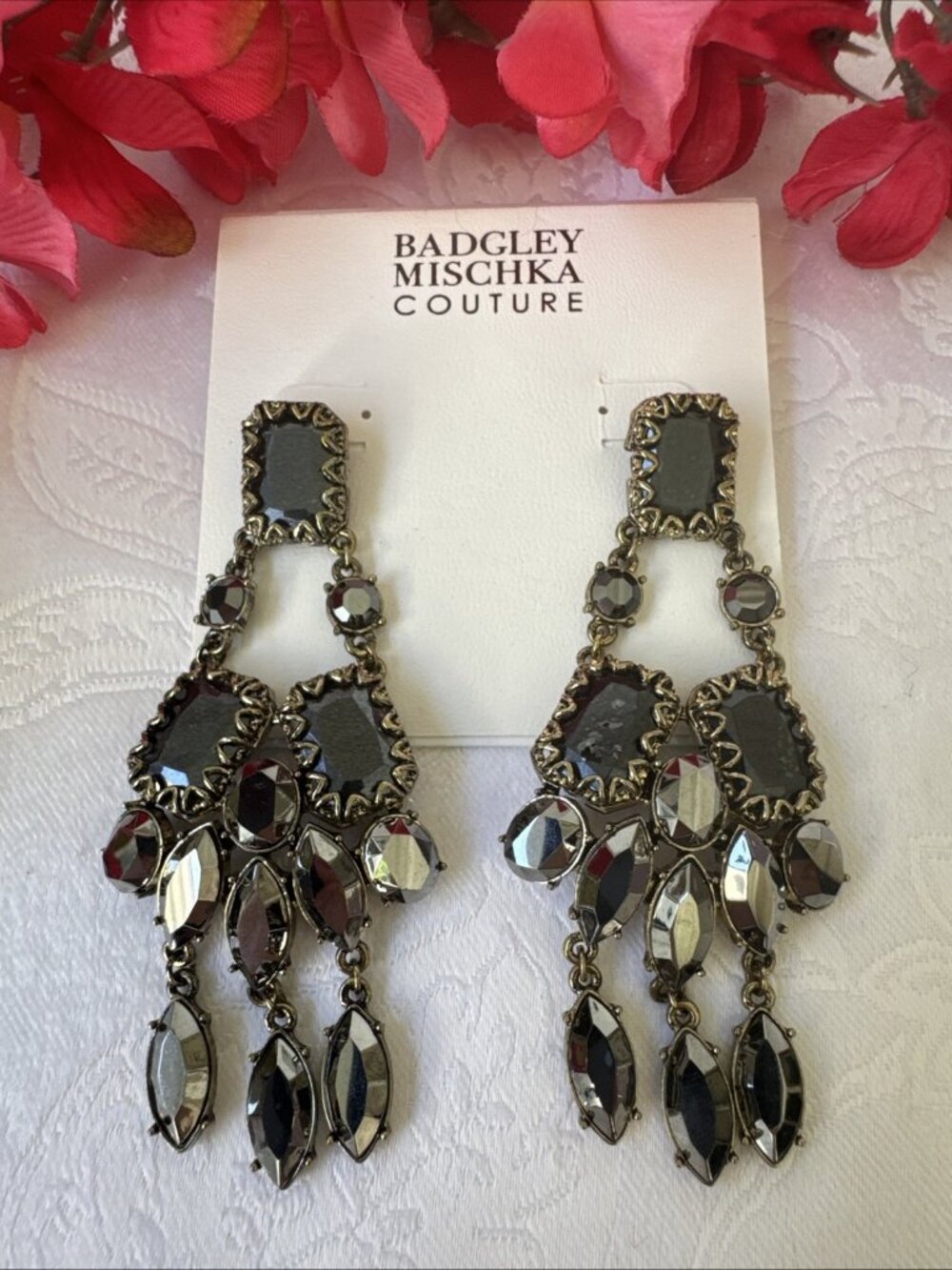 Badgley Mischka Couture Black Gunmetal Chandelier Pierced 3.5" Earrings New $185